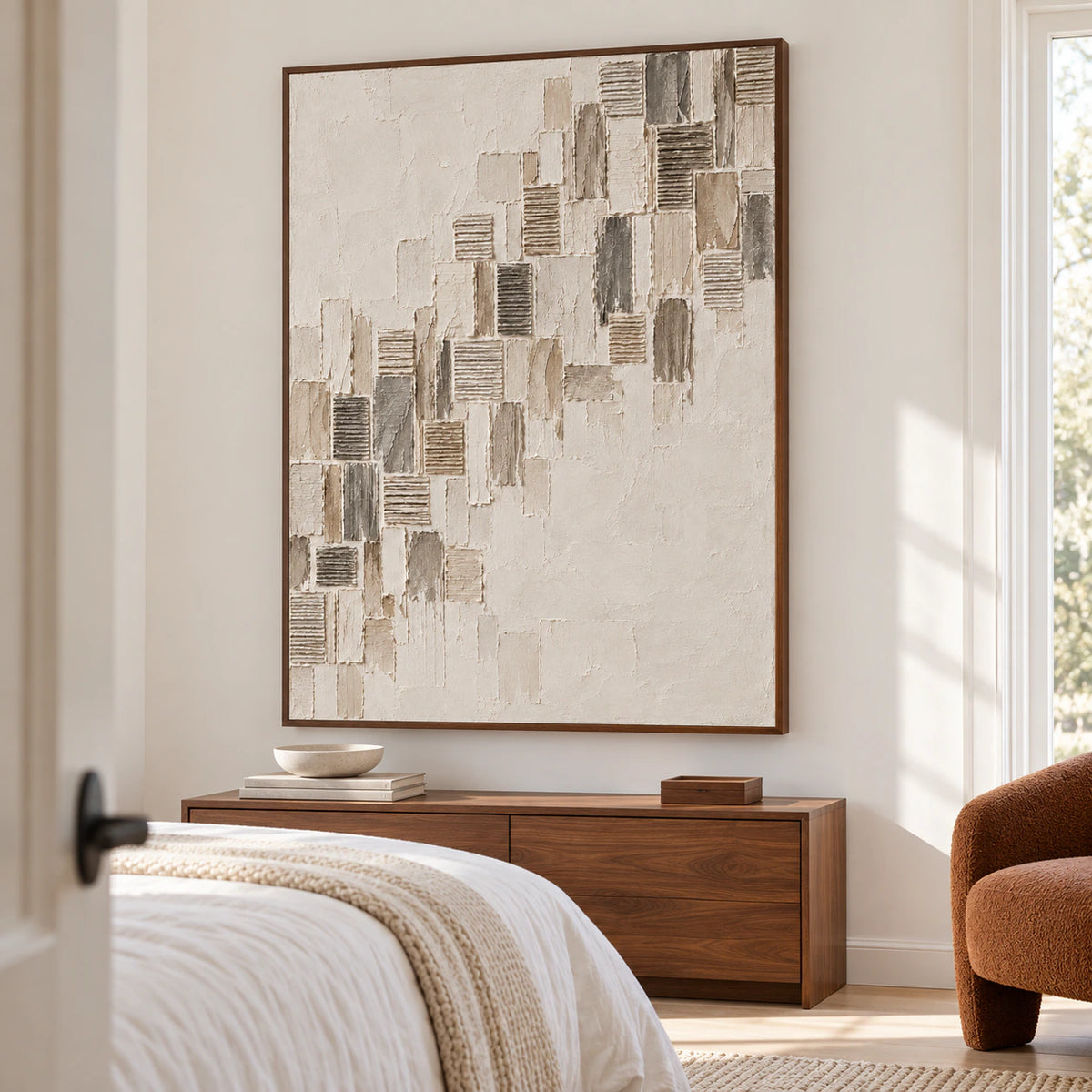 Ribbed-Ascent above a simple walnut bedside console in a quiet, daylight-filled bedroom with soft white bedding.