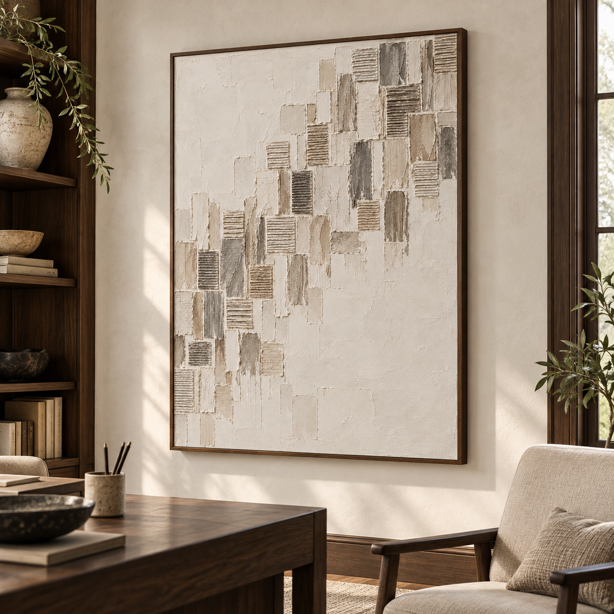Ribbed-Ascent presented large on a light wall in an airy home office with a dark desk, spare shelving and clear daylight.