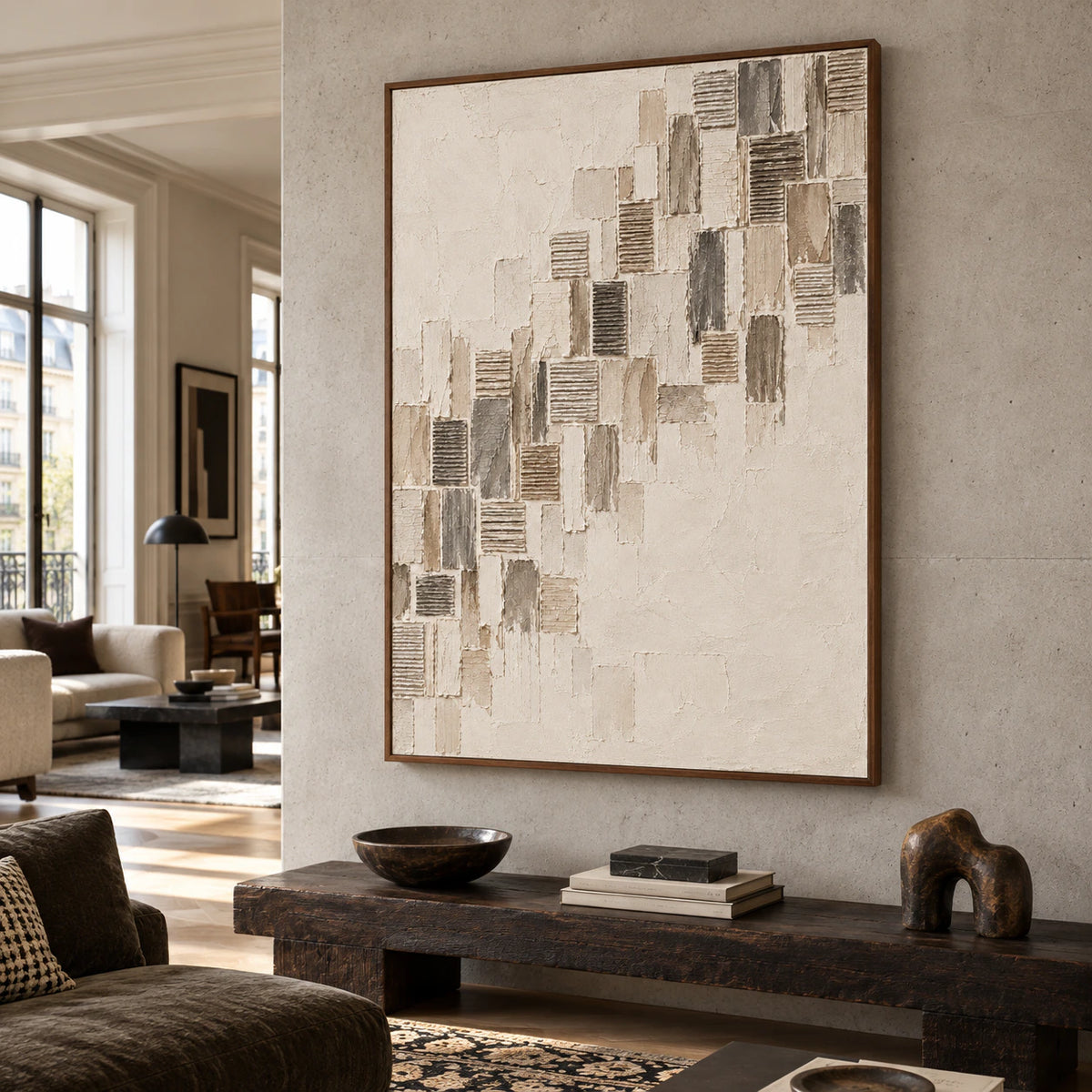 Ribbed-Ascent displayed at an impressive scale in an expansive loft interior with concrete walls, generous windows and understated dark furnishings.
