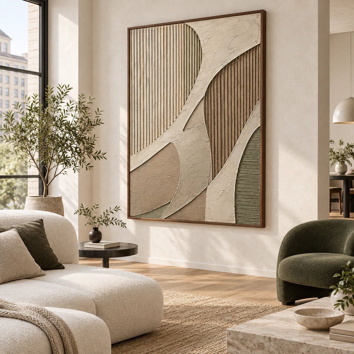 Ribbed-Contour above a restrained neutral sofa in a bright contemporary living room.