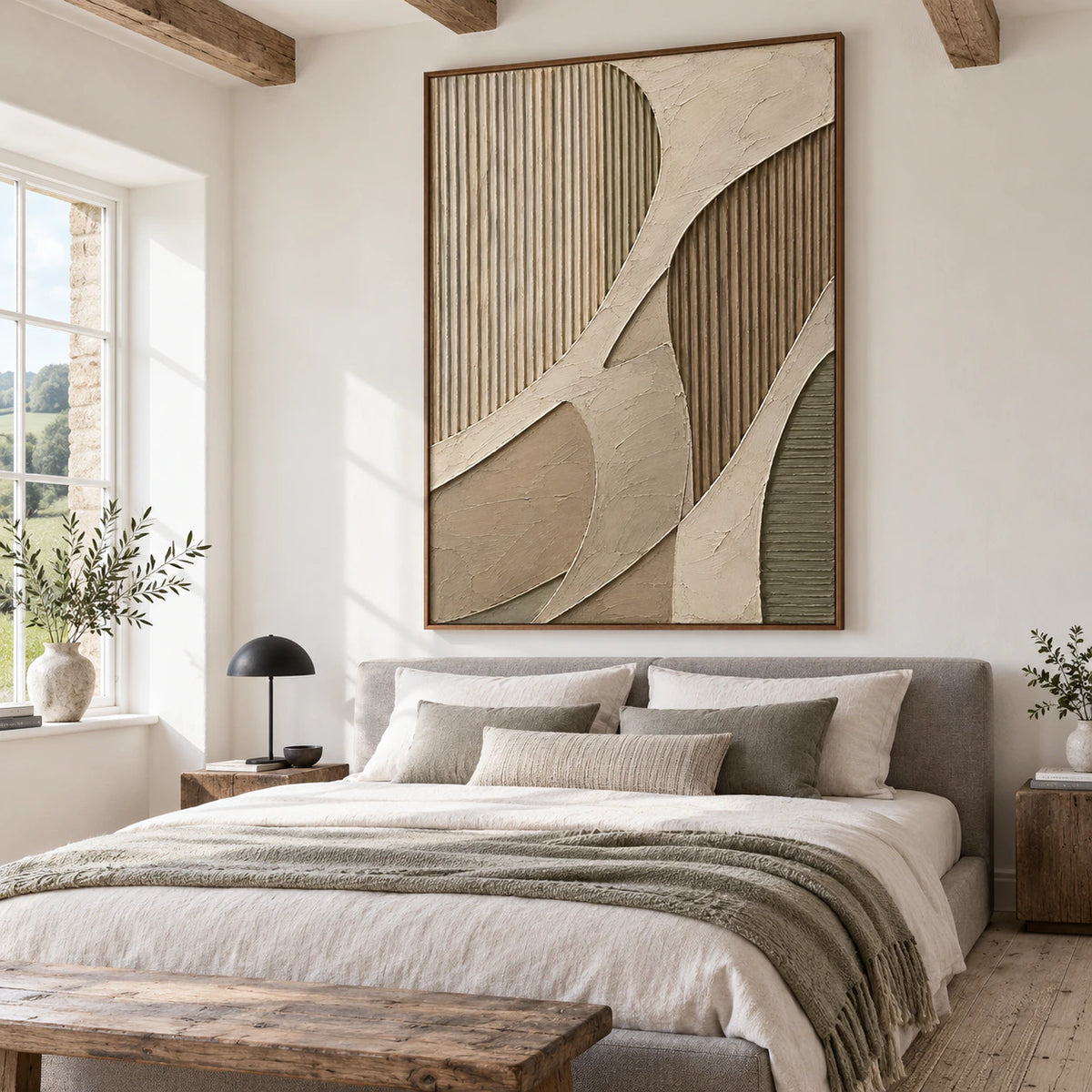 Ribbed-Contour above a low bed in a quiet, softly lit bedroom.