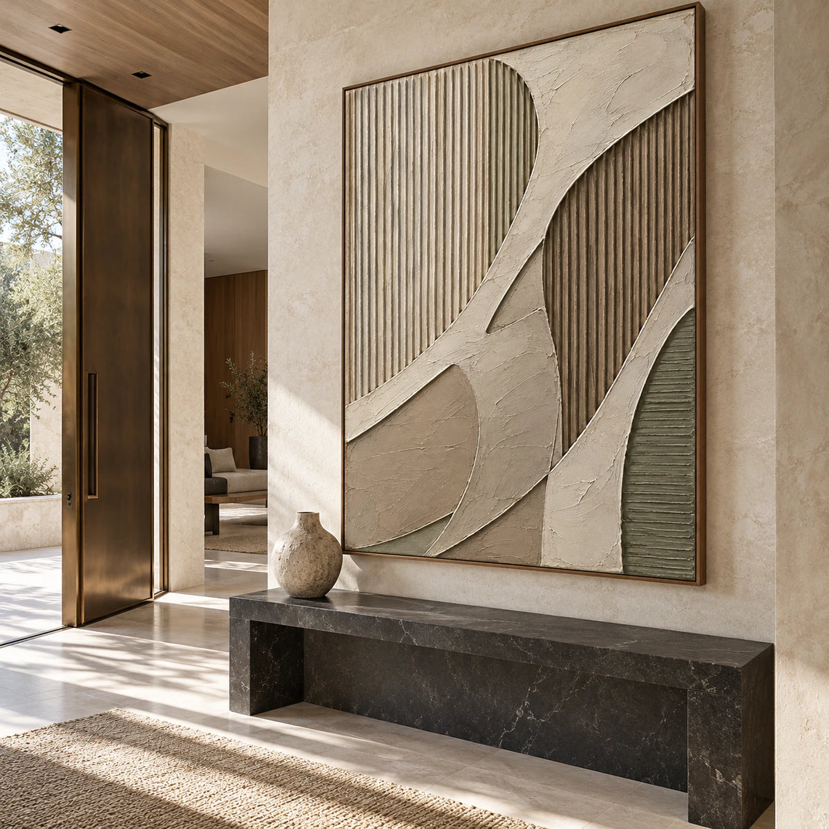 Ribbed-Contour at gallery scale in a luminous stone foyer.