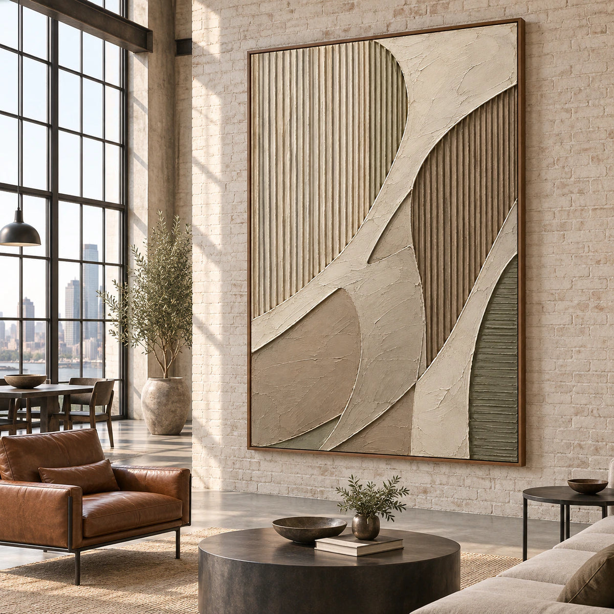 Ribbed-Contour as a large focal artwork in an expansive loft hospitality interior.