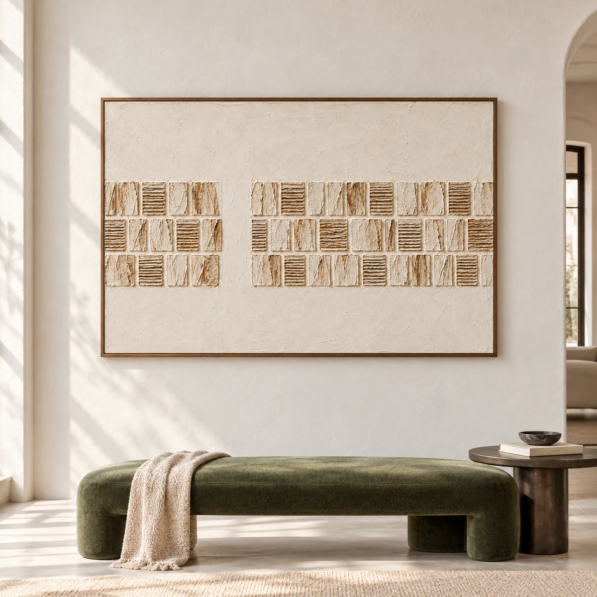 Large horizontal ivory painting with raised ribbed and incised rectangles on a pale plaster wall in a bright, spacious room, viewed straight-on.