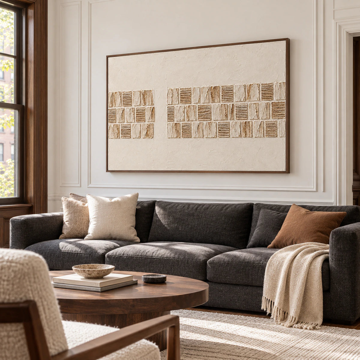 Large ivory relief painting above a low charcoal sofa in a bright living room with pale walls, a natural wood side table and daylight from a side window.