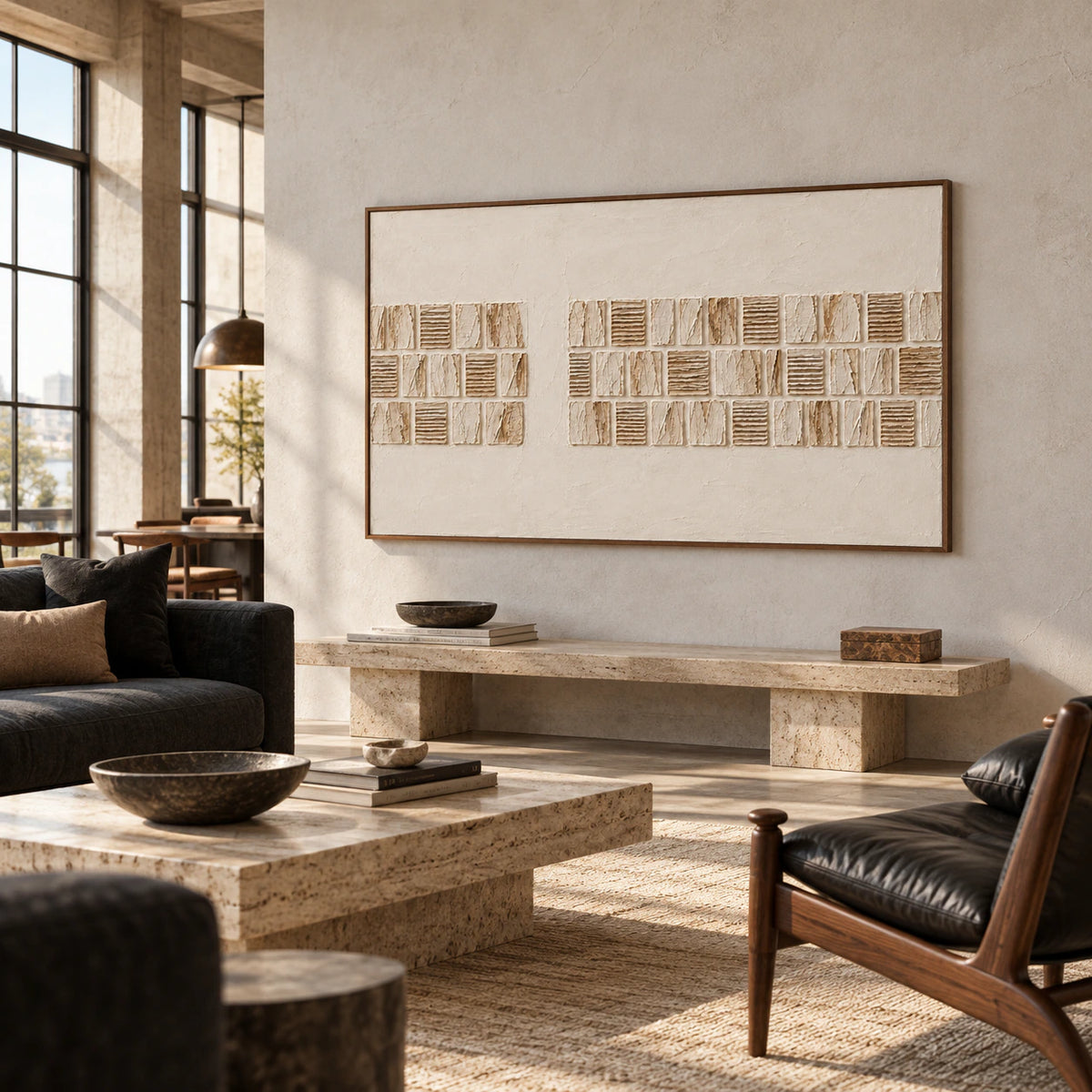 Large ivory relief painting on a light concrete wall in a spacious loft with tall windows and restrained dark seating, viewed from the left at eye level.