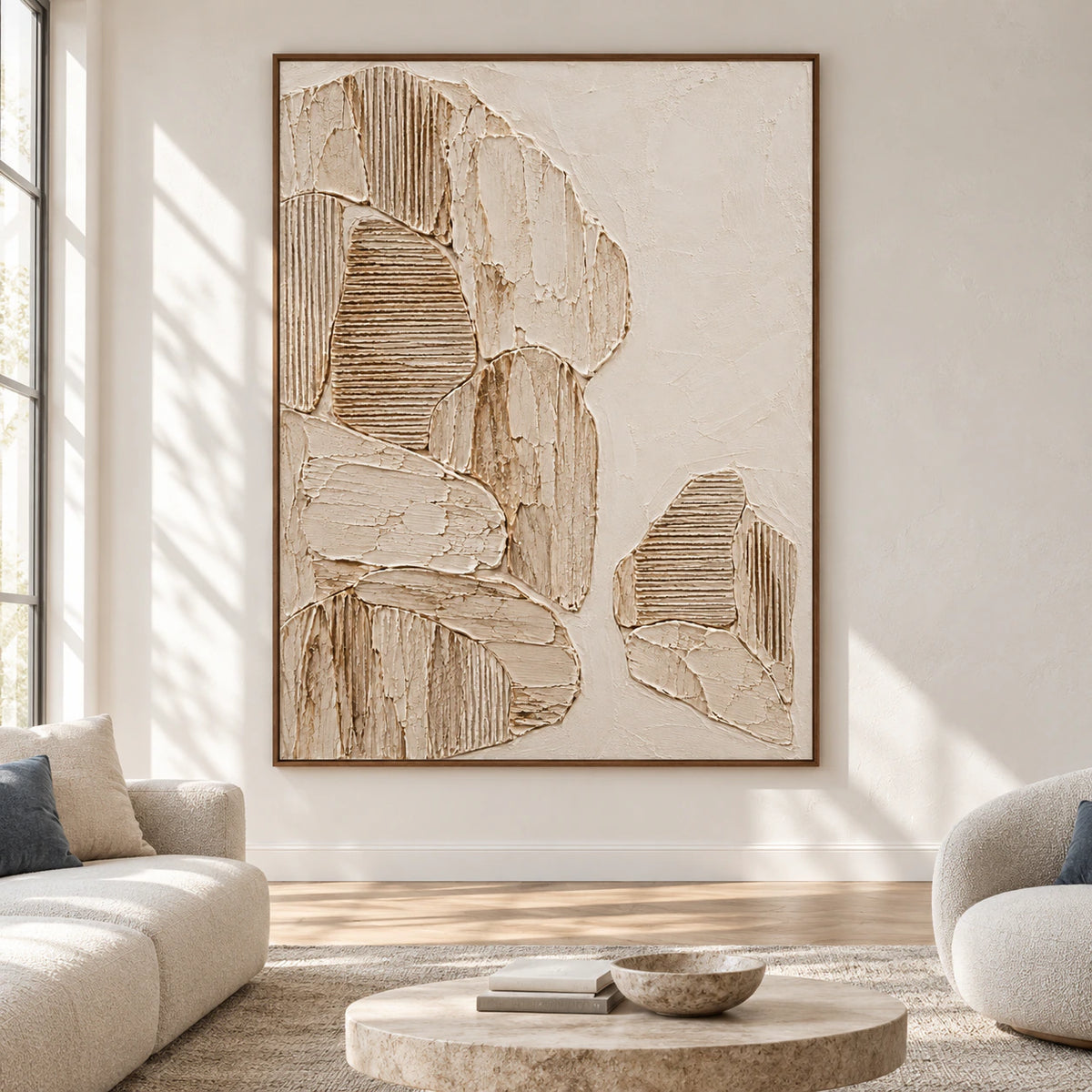 Large ribbed parchment abstract artwork displayed at monumental scale in a calm, open gallery room.