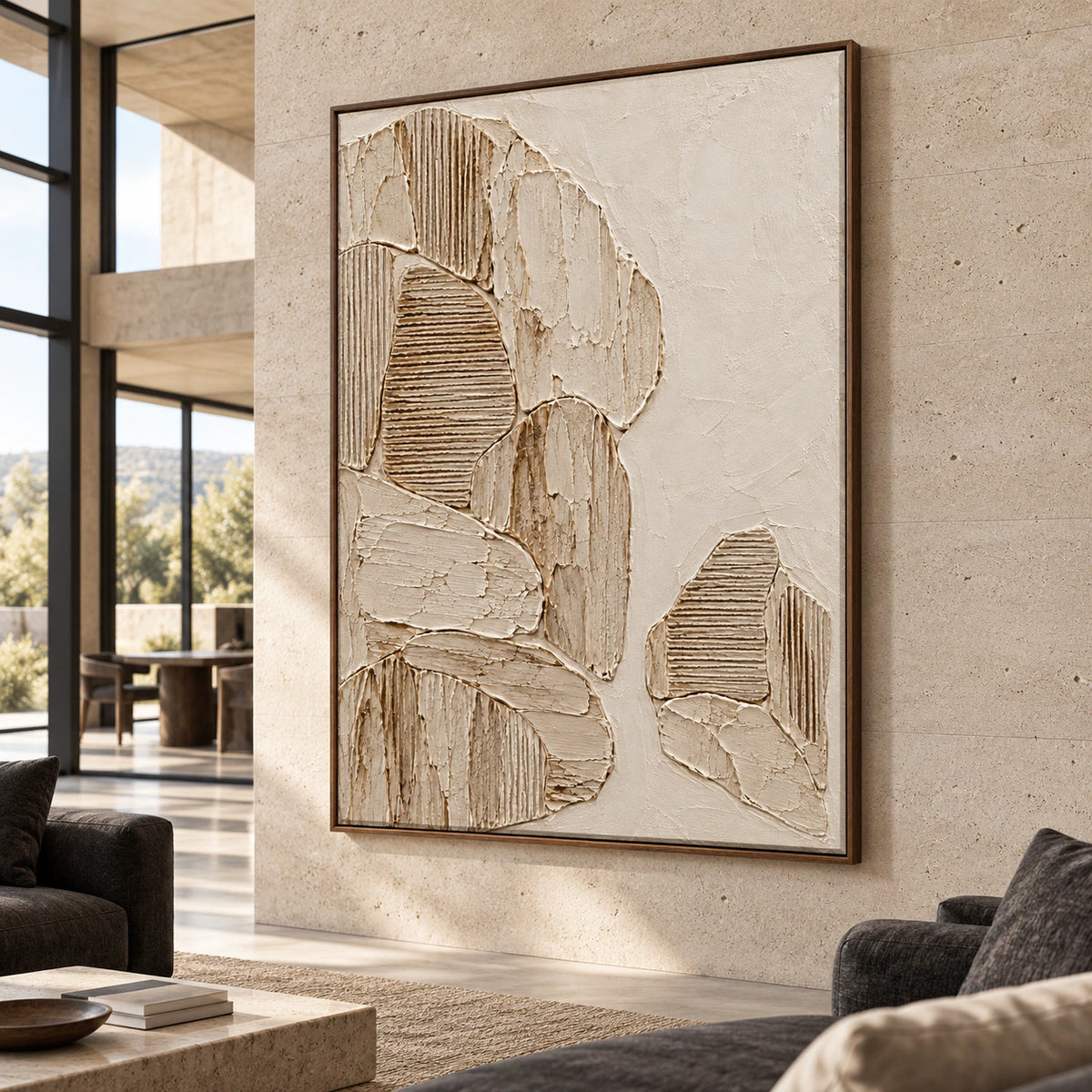 Oversized ribbed parchment artwork in an expansive loft interior with steel windows, concrete architecture, and sparse furniture.
