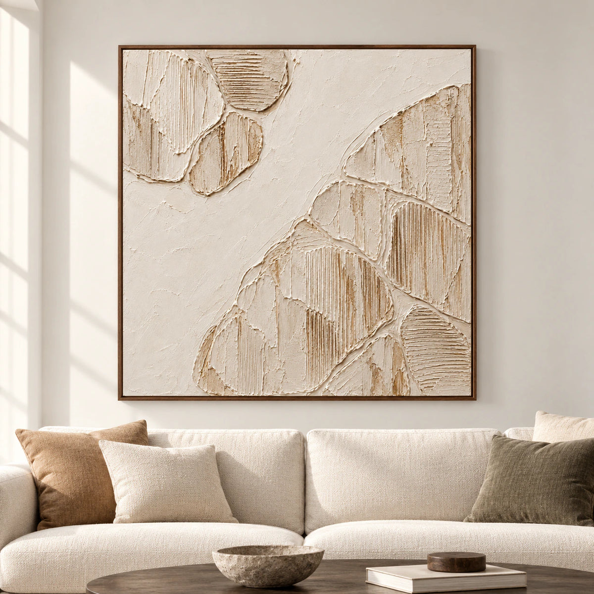 Large square pale ivory abstract relief mounted on a spacious wall, its sweeping diagonal and combed ridges clearly visible.