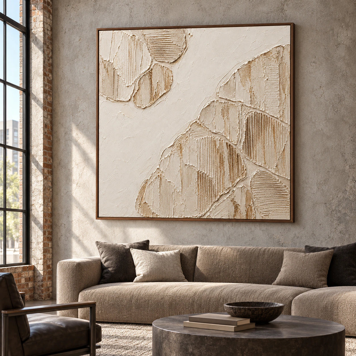 Large square ivory relief displayed at scale in an expansive loft interior, against cool gray concrete with restrained furnishings.