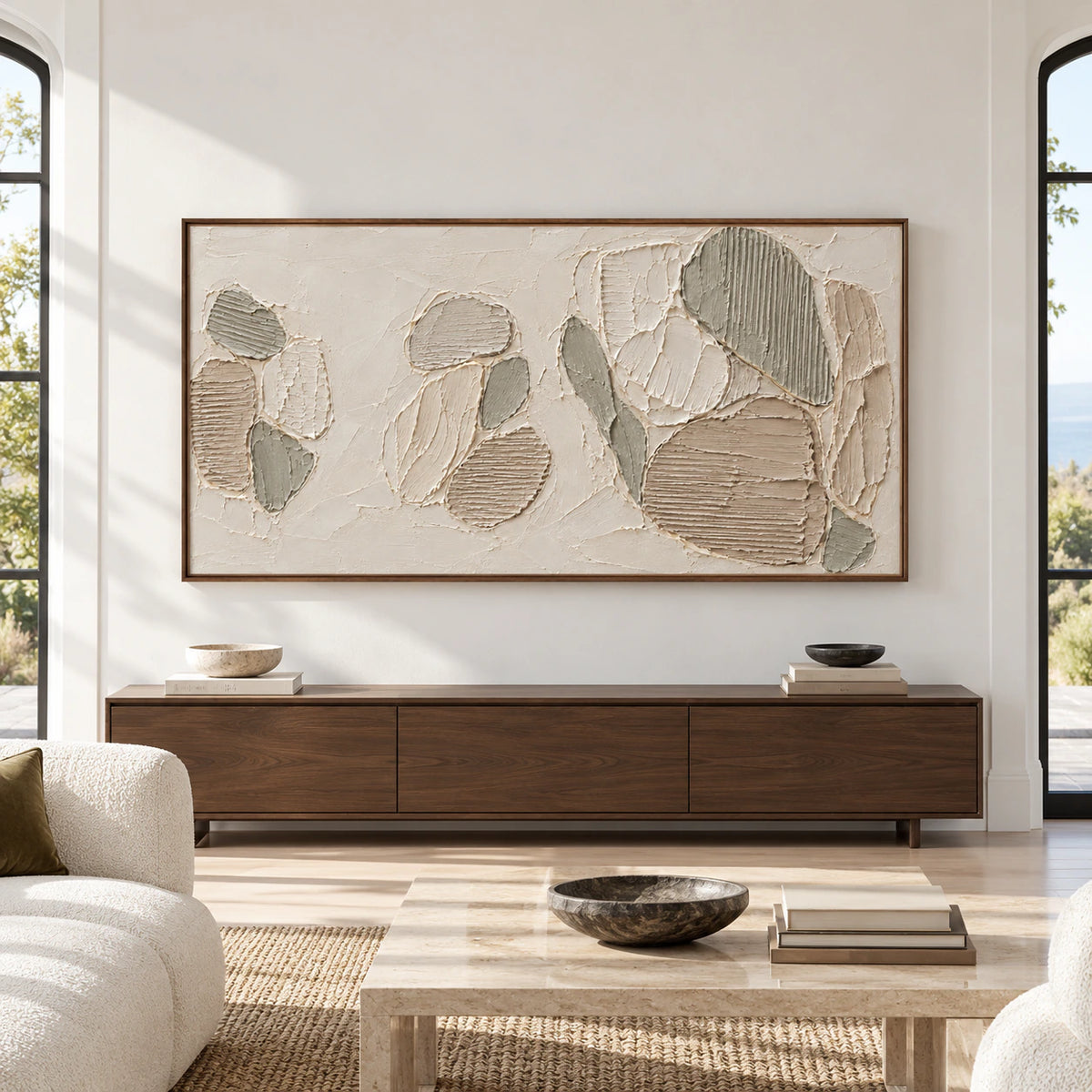 Ribbed-Petals artwork above a low console in a spacious room with bright natural daylight, viewed straight-on.