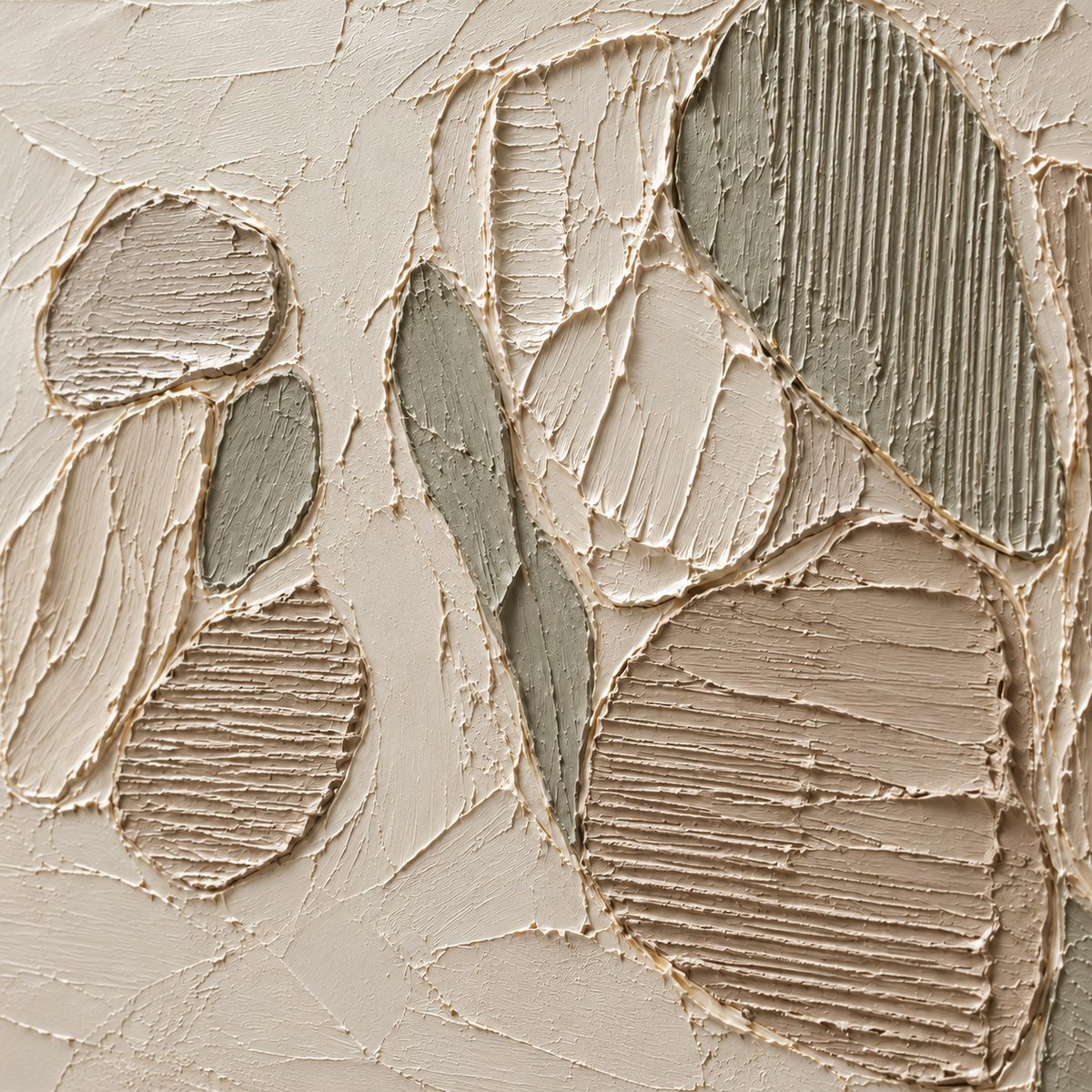 Close detail of Ribbed-Petals oil painting from an oblique side angle, with grazing light revealing parallel grooves and raised paint.