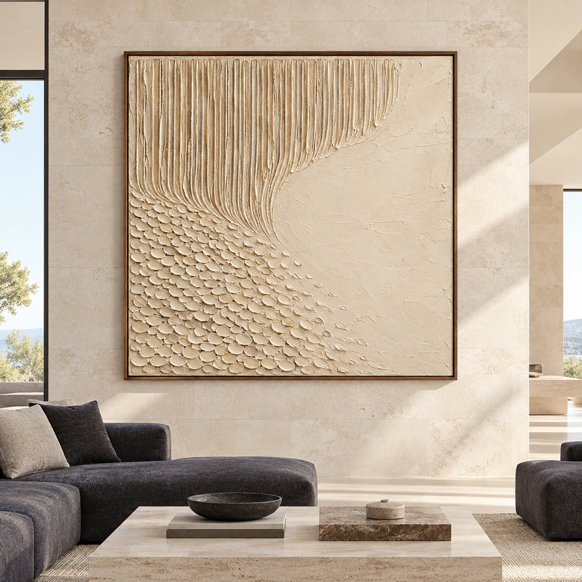 Large square ivory relief artwork displayed straight-on in a spacious gallery living room, showing sweeping grooves and raised oval marks.