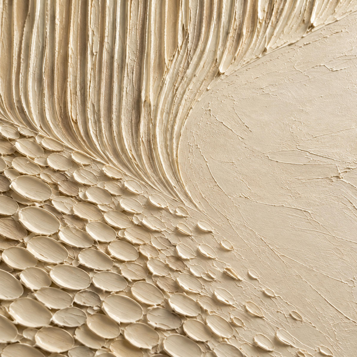 Ribbed-Stillness oil painting brushwork and impasto detail photographed from an oblique side angle
