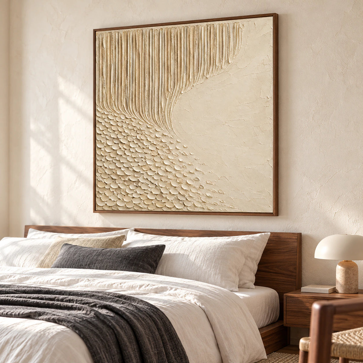Ivory square relief artwork above a low bed in a quiet bedroom with soft gray bedding and bright window light.