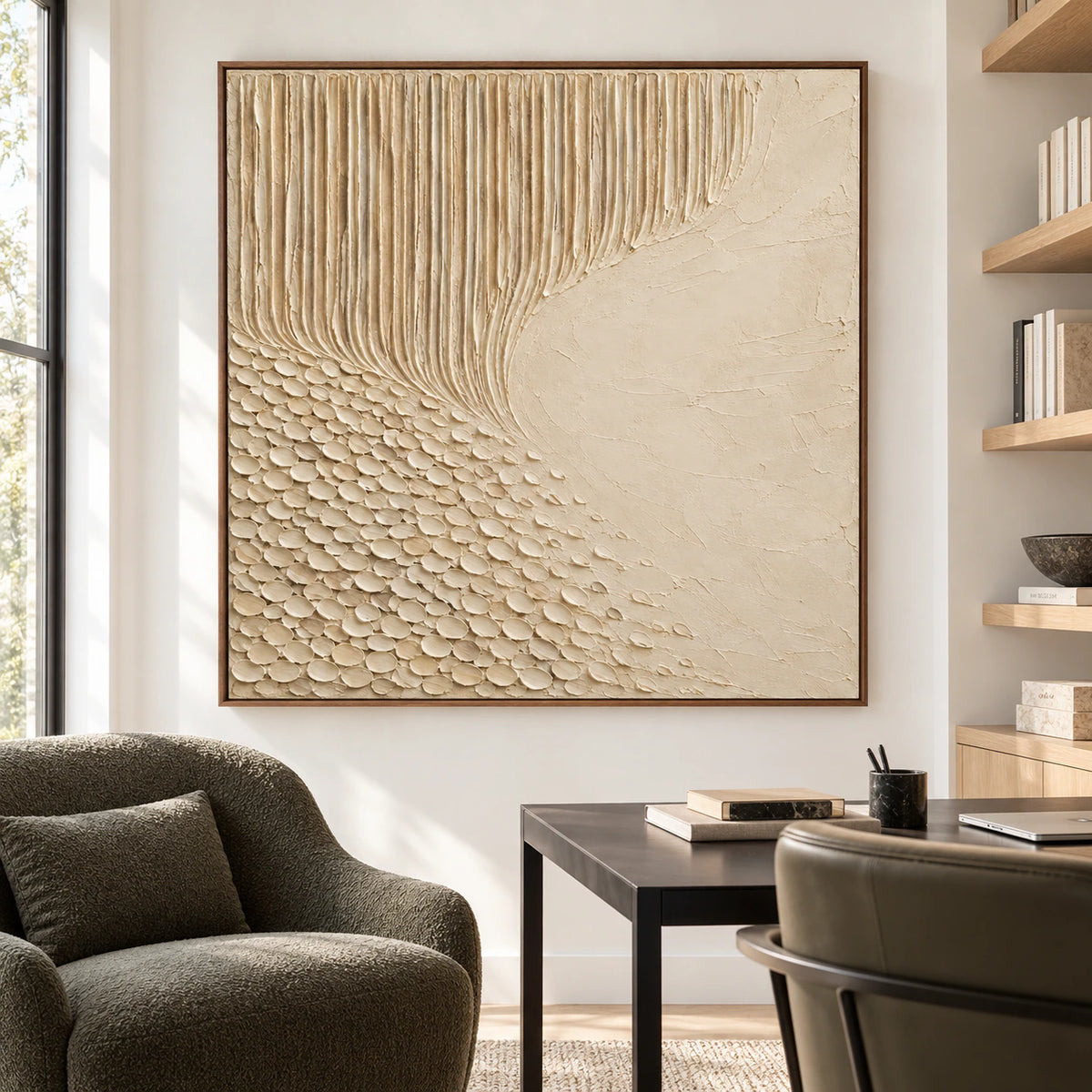 Square ivory textured artwork in an airy home office with a slim desk, light walls, and clear daylight.