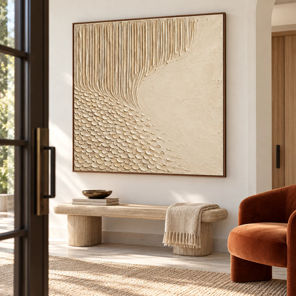 Large square ivory relief artwork commanding the wall of a bright gallery-scale foyer with stone flooring and restrained furnishings.