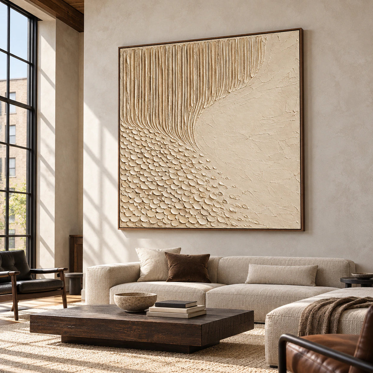 Oversized square ivory relief artwork in an expansive loft interior with steel windows, neutral seating, and crisp natural light.