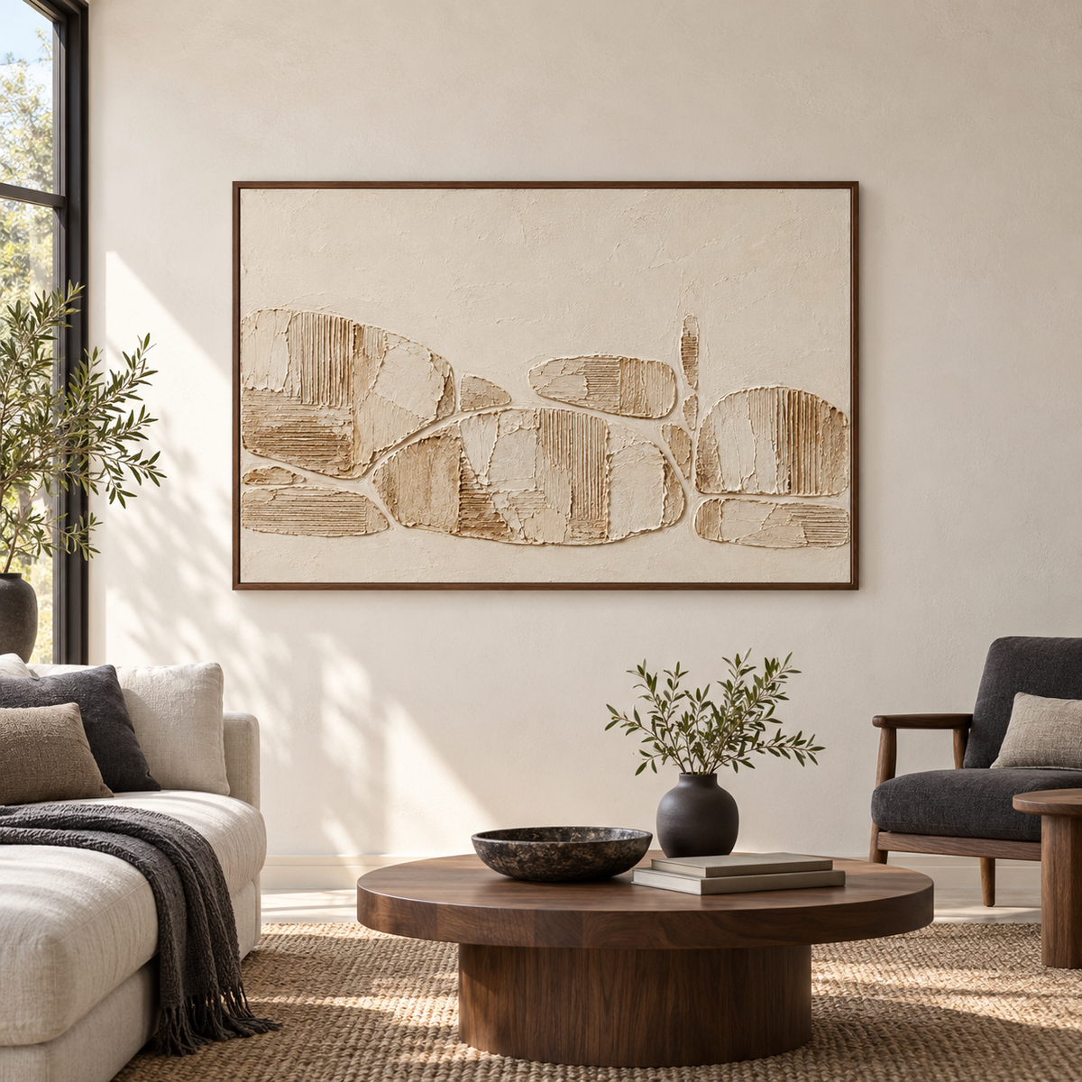 Large straight-on view of Ribbed Traverse centered on a broad pale wall in an open contemporary room.