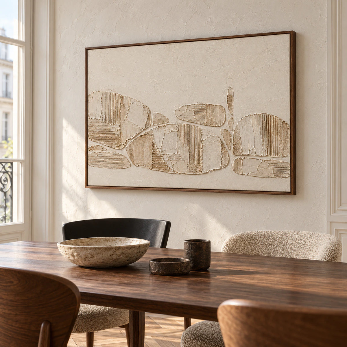 Ribbed Traverse above a dark wood dining table in a refined dining room with sculptural chairs and soft daylight.