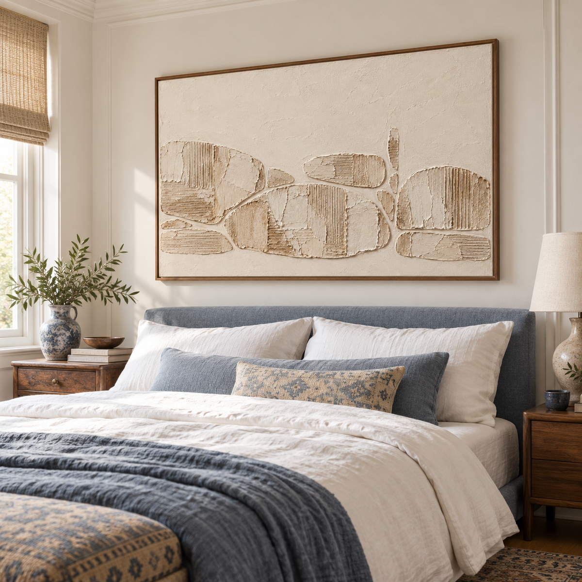 Ribbed Traverse above a simple upholstered bed in a quiet bedroom with pale linen and crisp natural light.