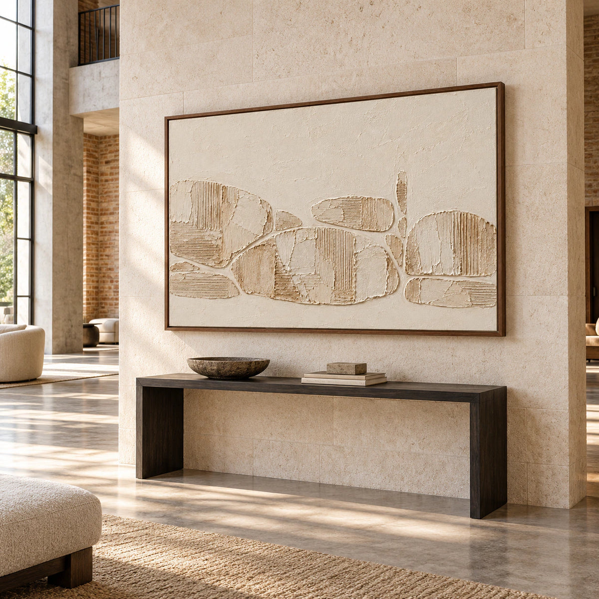 Ribbed Traverse displayed at gallery scale in a spacious foyer with stone flooring and a long sightline.