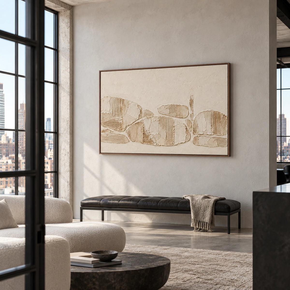 Ribbed Traverse commanding a high wall in an expansive loft interior with steel windows and minimal furnishings.