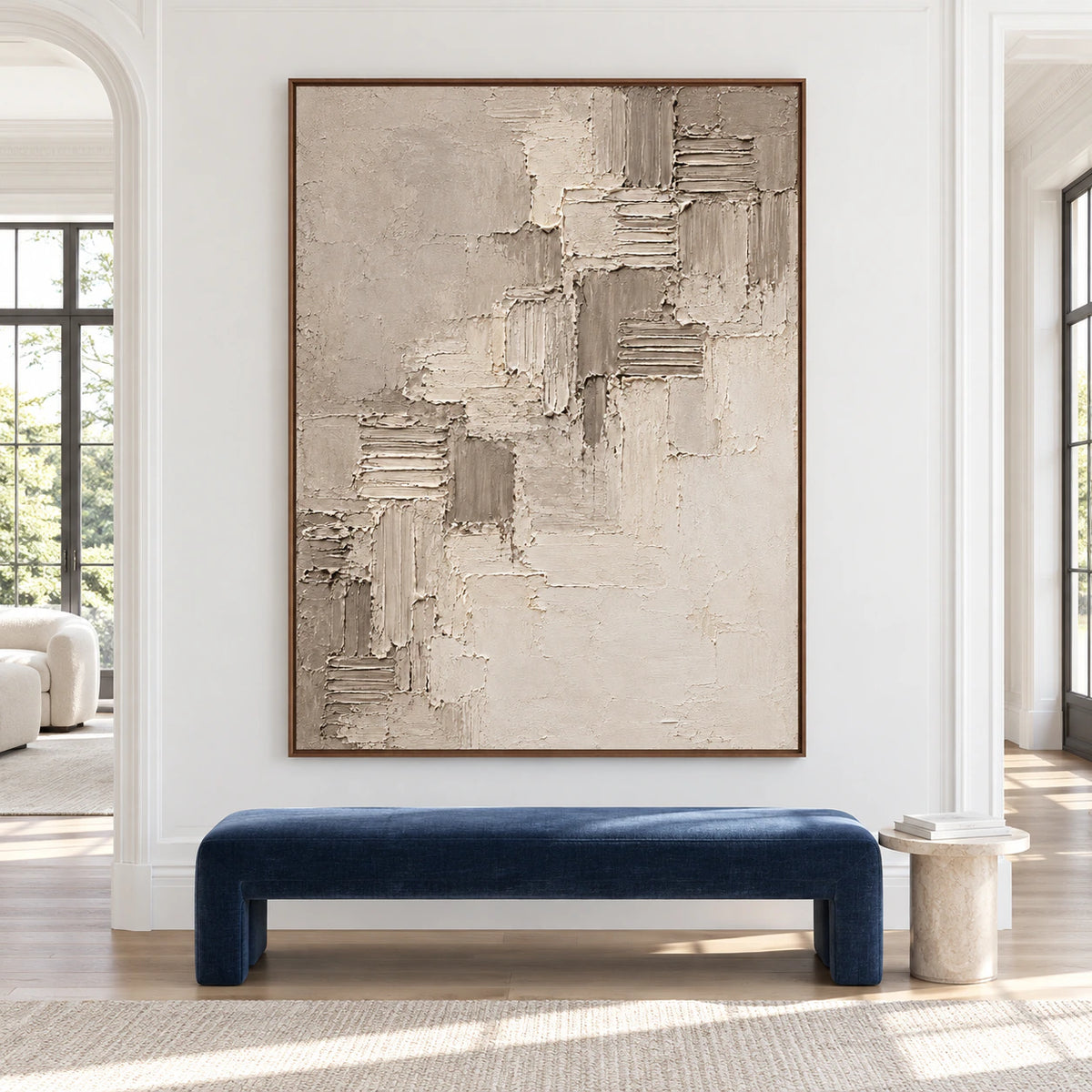 Large-scale Riven-Cadence painting displayed straight-on in a spacious contemporary interior, its warm gray, taupe and ivory relief clearly visible.