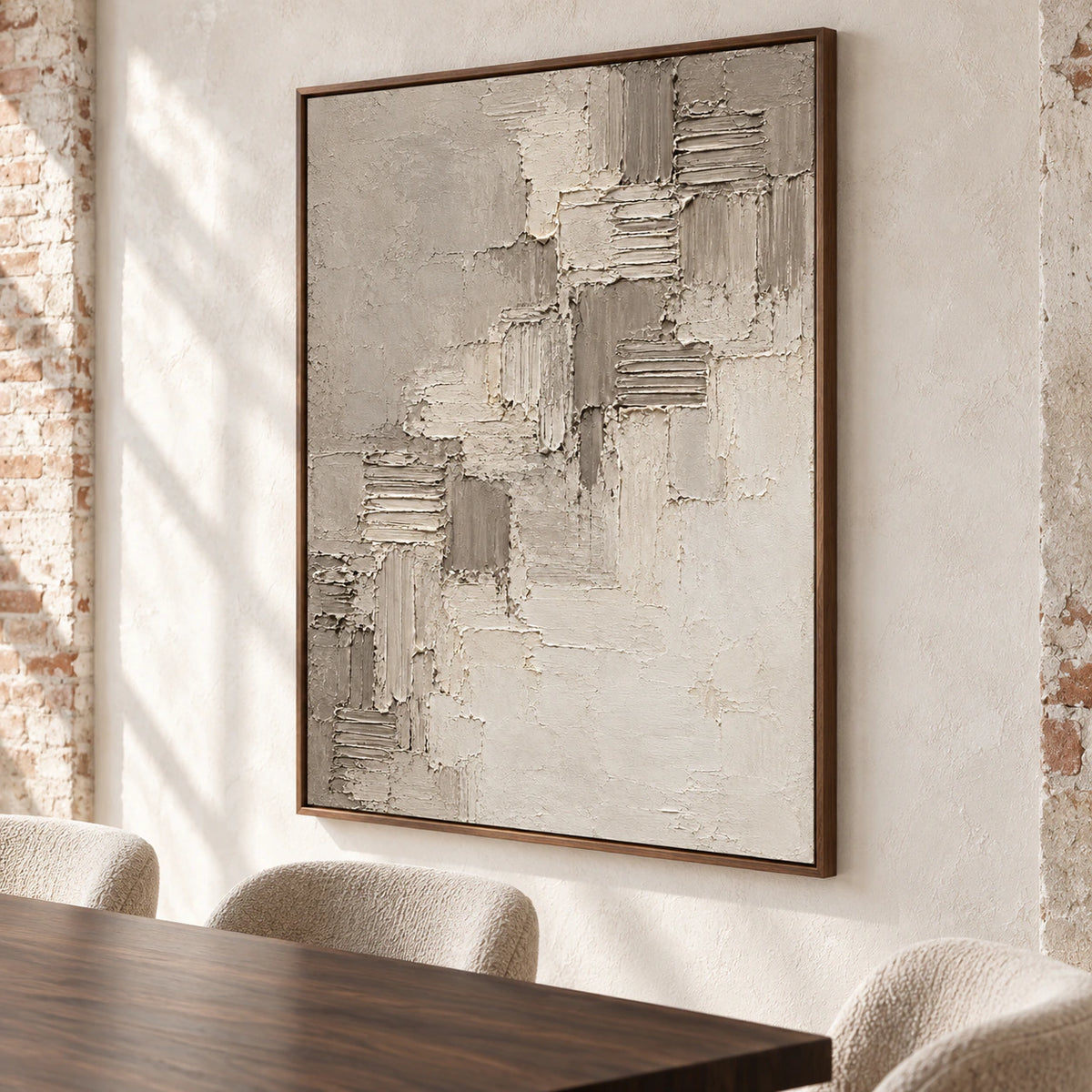 Riven-Cadence commands the wall of a refined dining room, paired with a dark wood table, sculptural chairs and clear daylight.