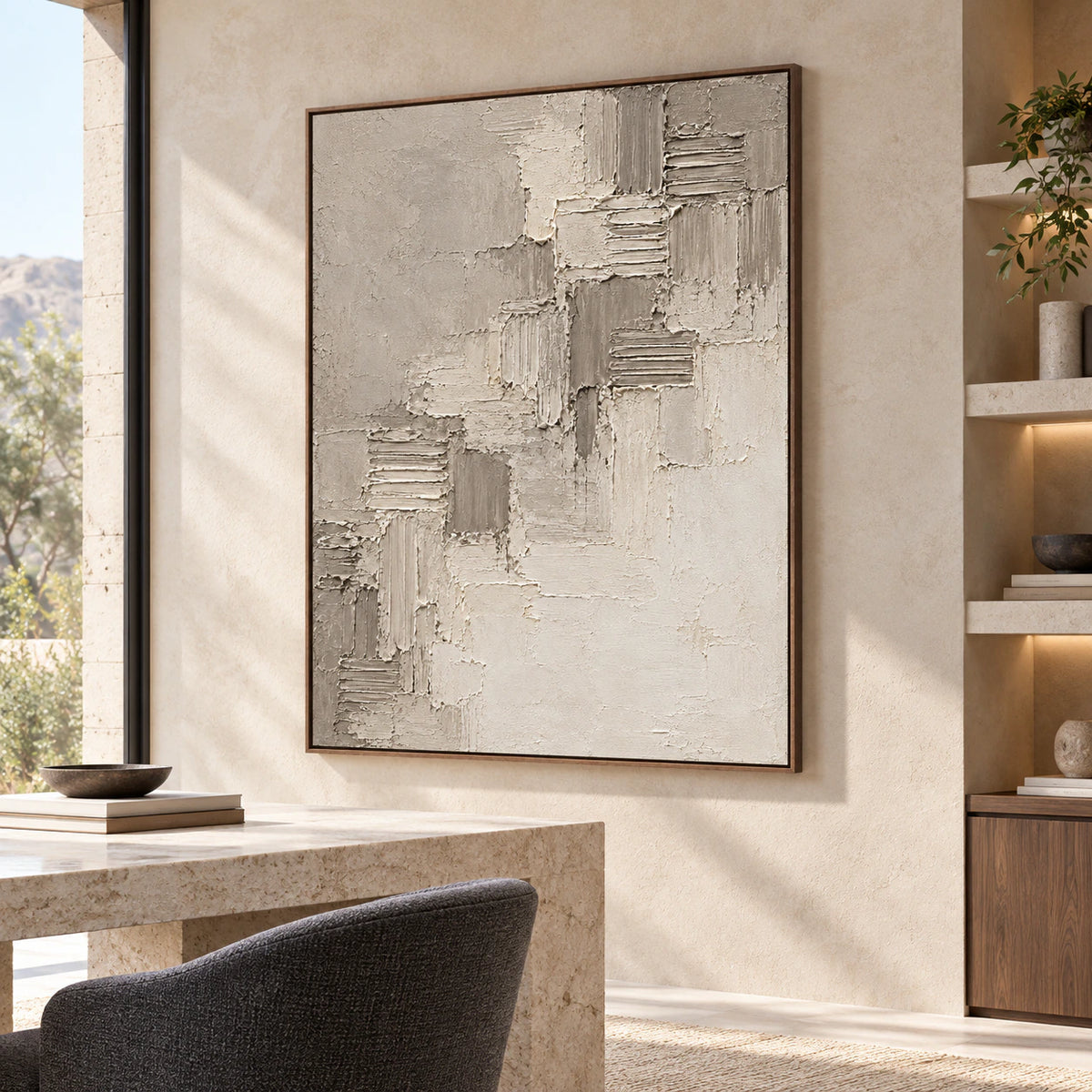 Riven-Cadence is the focal point of an airy home office with a pale stone desk, dark chair and generous window light.