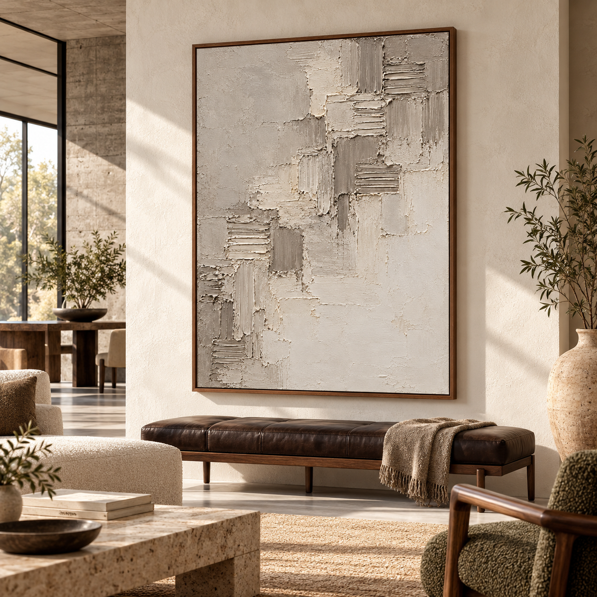 Riven-Cadence makes a strong focal point in an expansive loft interior with concrete structure, daylight and restrained furnishings.