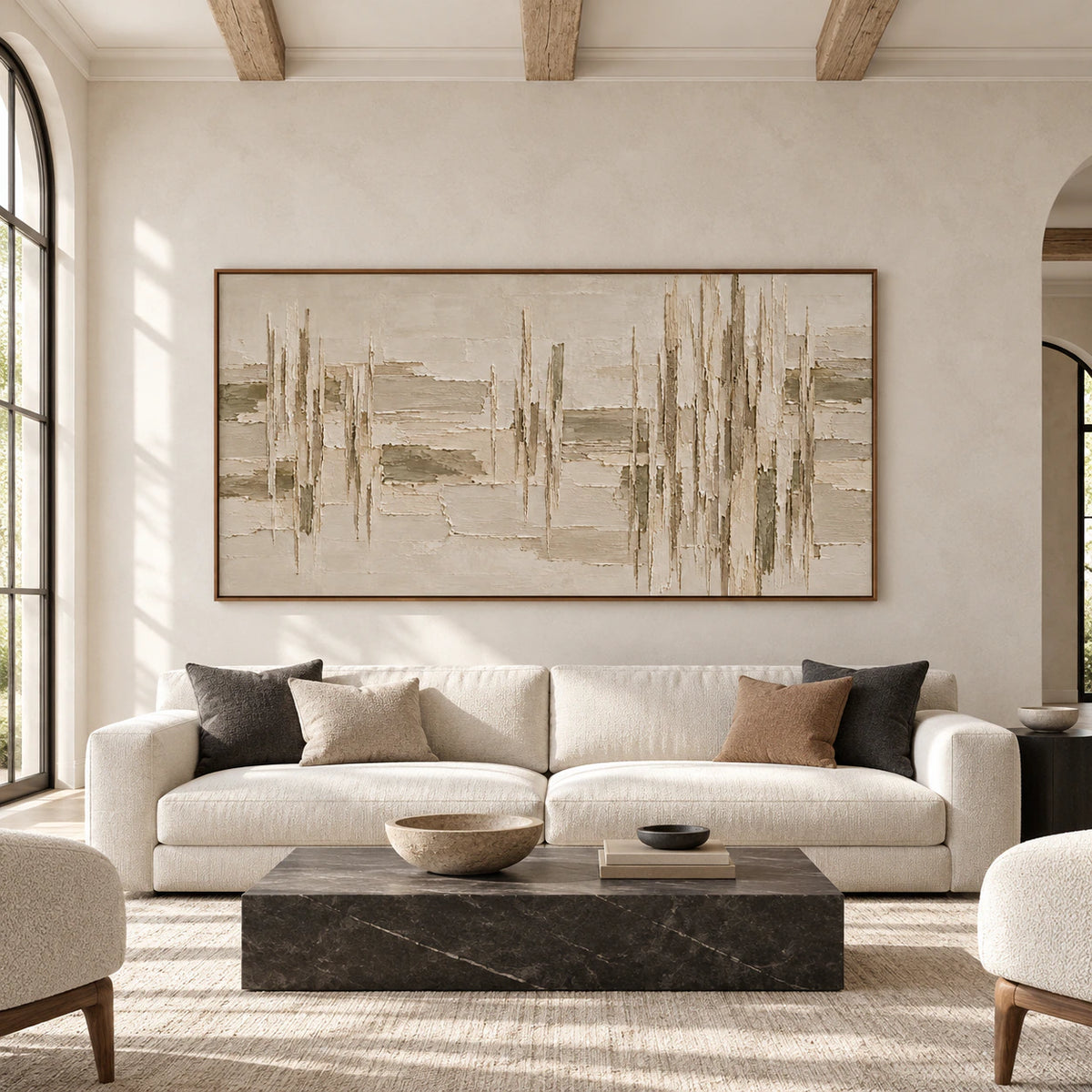 Large Riven-Columns painting displayed straight-on in a spacious bright interior.