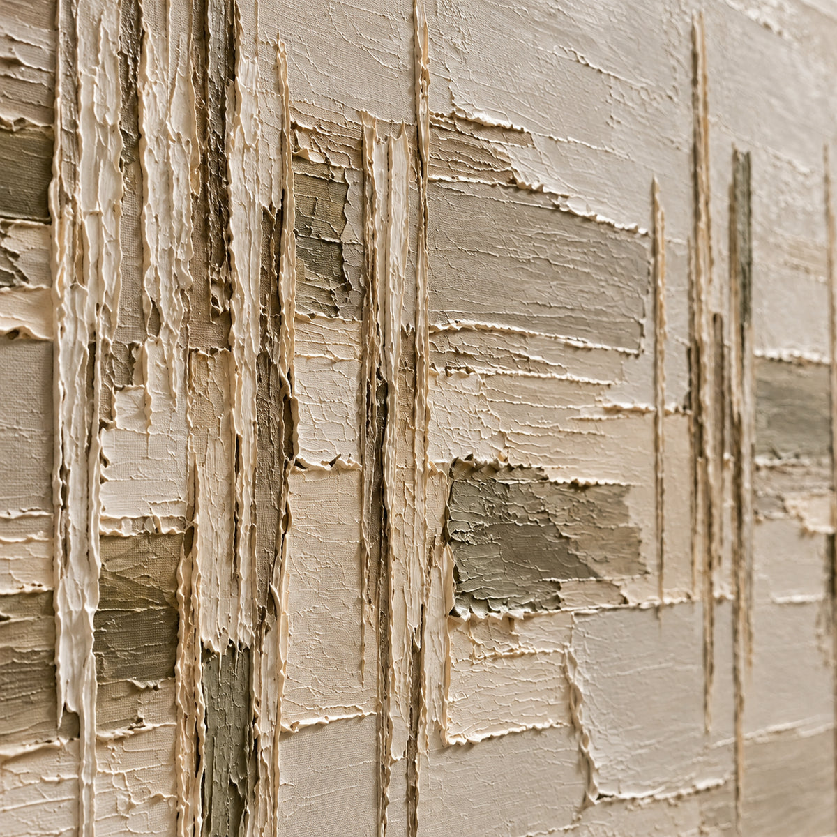 Riven-Columns oil painting brushwork and impasto detail photographed from an oblique side angle