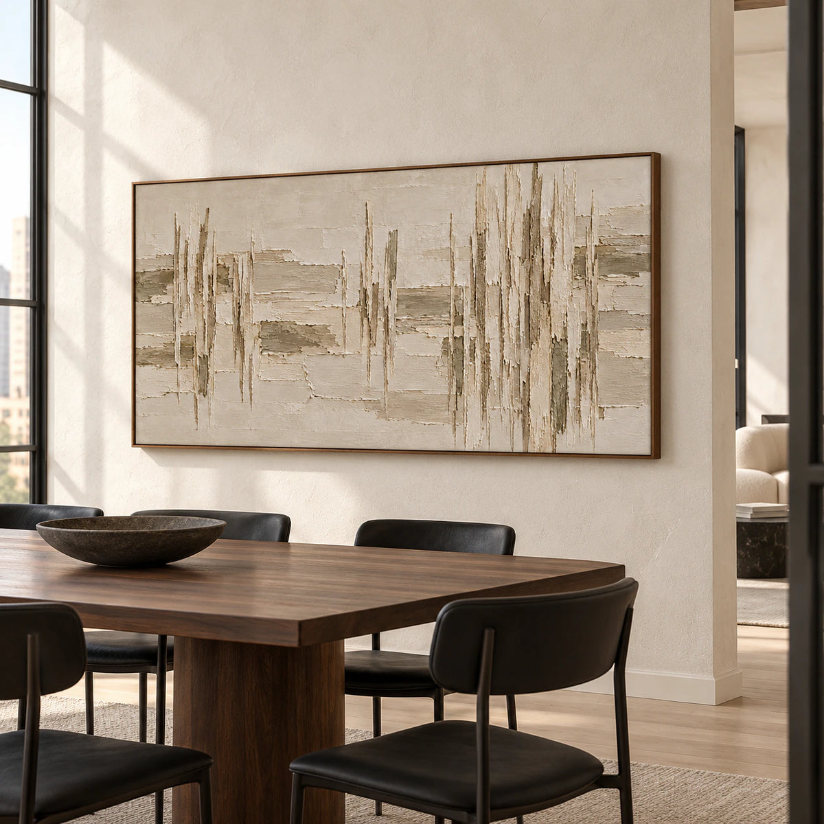 Riven-Columns displayed on a dining room wall above a long table.