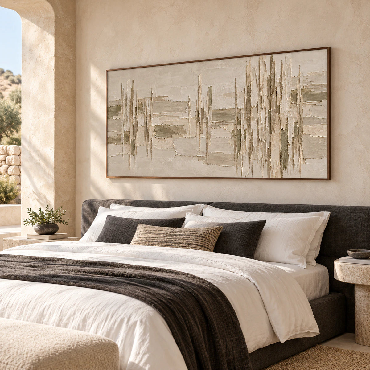 Riven-Columns hanging above a simple bed in a quiet, sunlit bedroom.