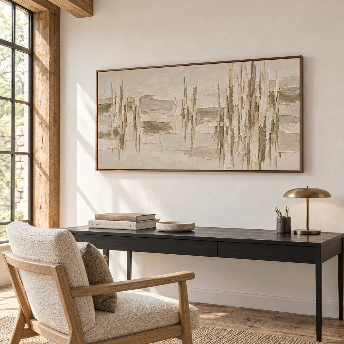 Riven-Columns above a desk in an airy home office and reading space.