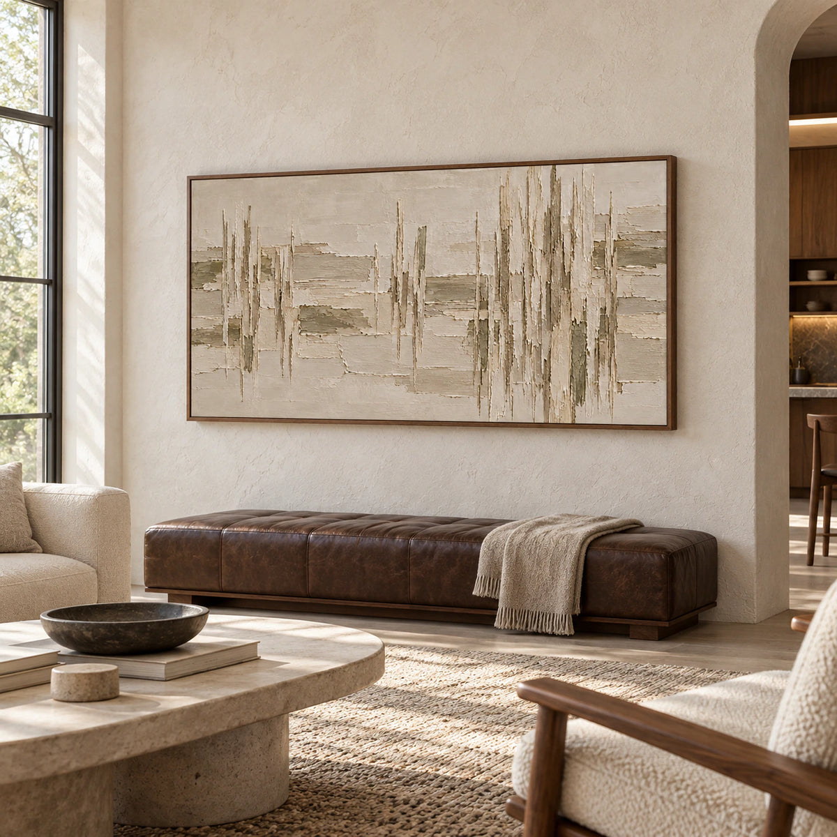 Riven-Columns anchoring a spacious loft or hospitality interior.
