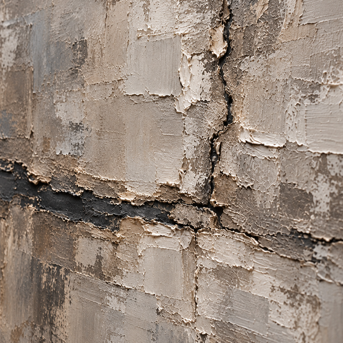Oblique close-up of Riven-Mantle's textured painted surface, with grazing light revealing raised ridges and shallow shadows.