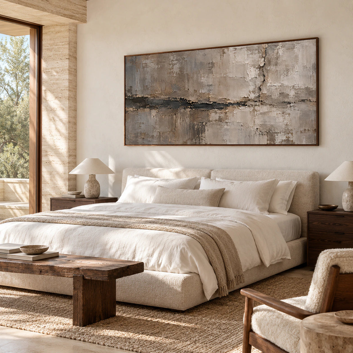 Riven-Mantle above a low upholstered bed with white bedding and dark timber bedside tables, viewed from a slightly raised left angle.
