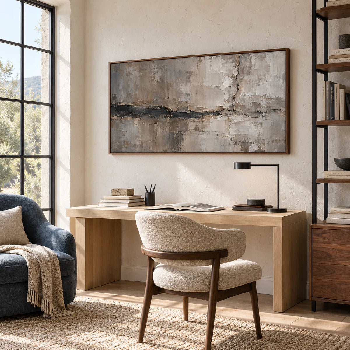 Riven-Mantle above a simple desk in a bright home office with a broad window, muted blue reading chair and black metal shelving, viewed from the right.