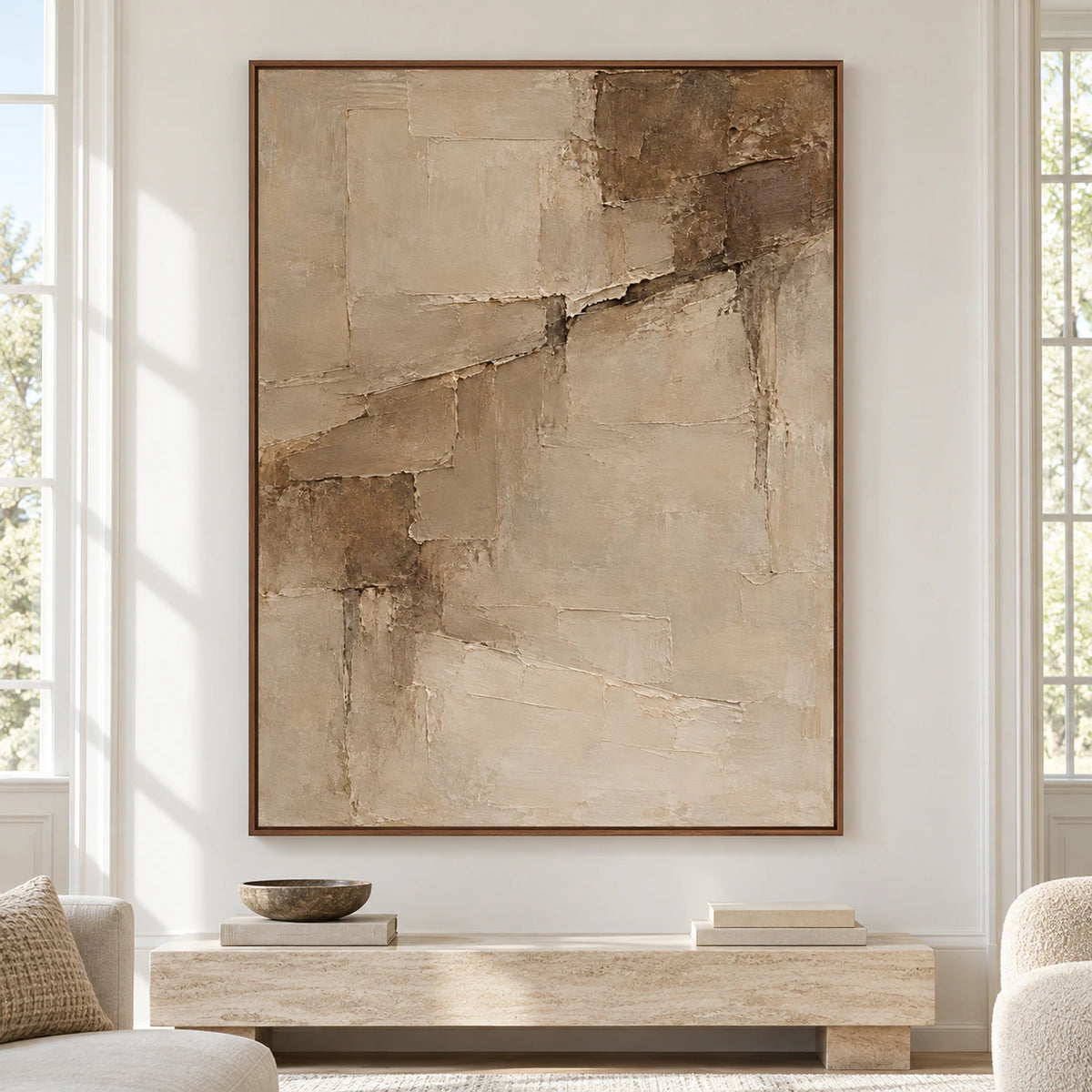 Large vertical Riven-Parchment artwork displayed straight-on in a spacious, sunlit architectural room.