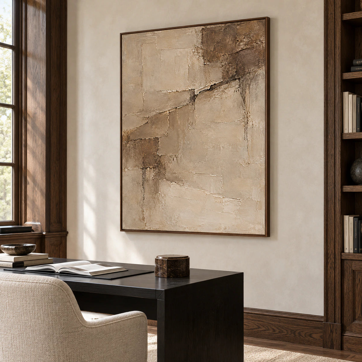 Riven-Parchment artwork in an airy home office with a slim desk, muted furnishings and clear natural light.