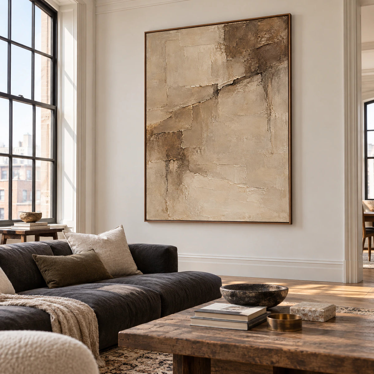 Riven-Parchment artwork commanding an expansive loft interior with tall windows, understated furniture and bright natural light.