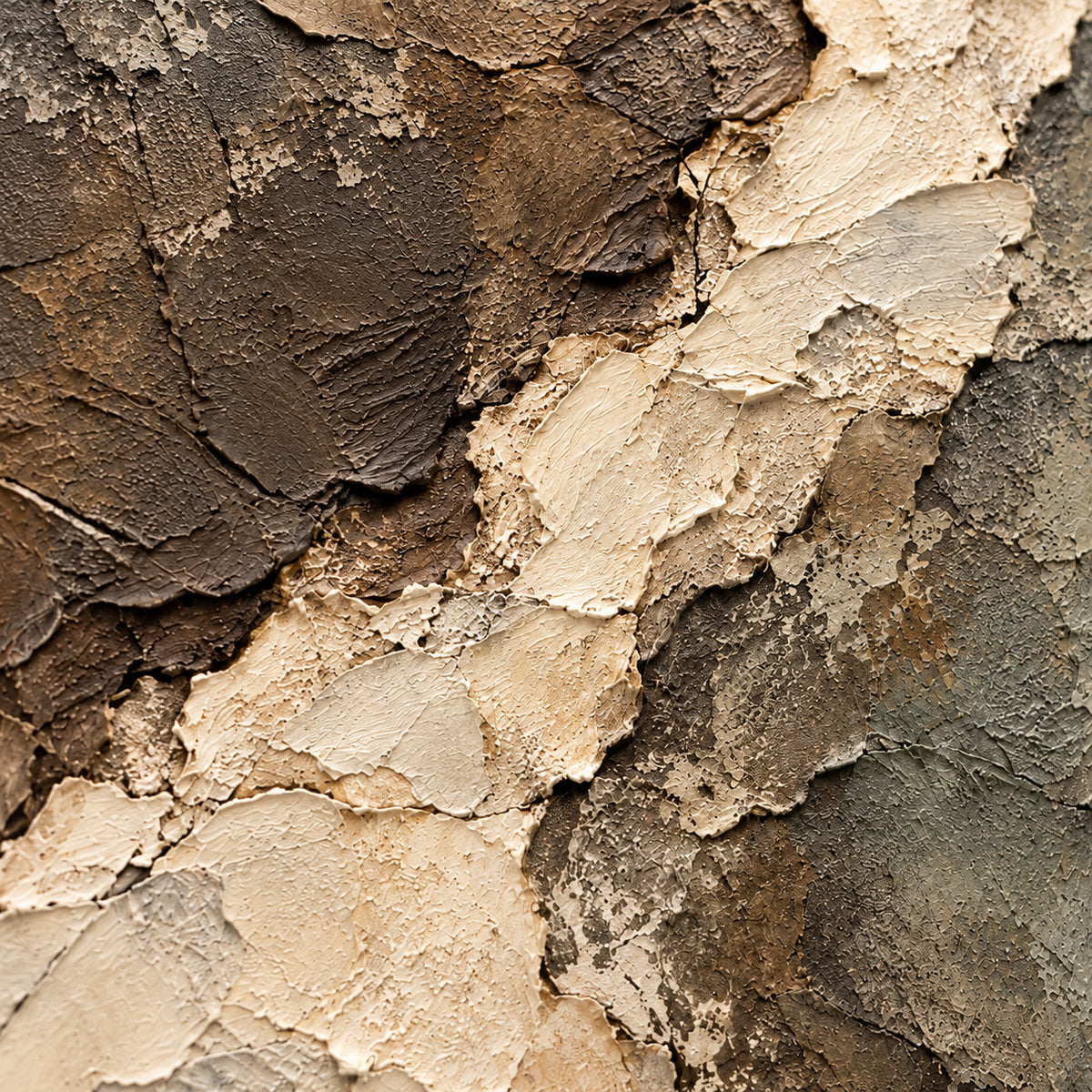 Oblique close-up of Riven-Passage showing raised paint, rough edges and cream, brown and gray layers under grazing light.