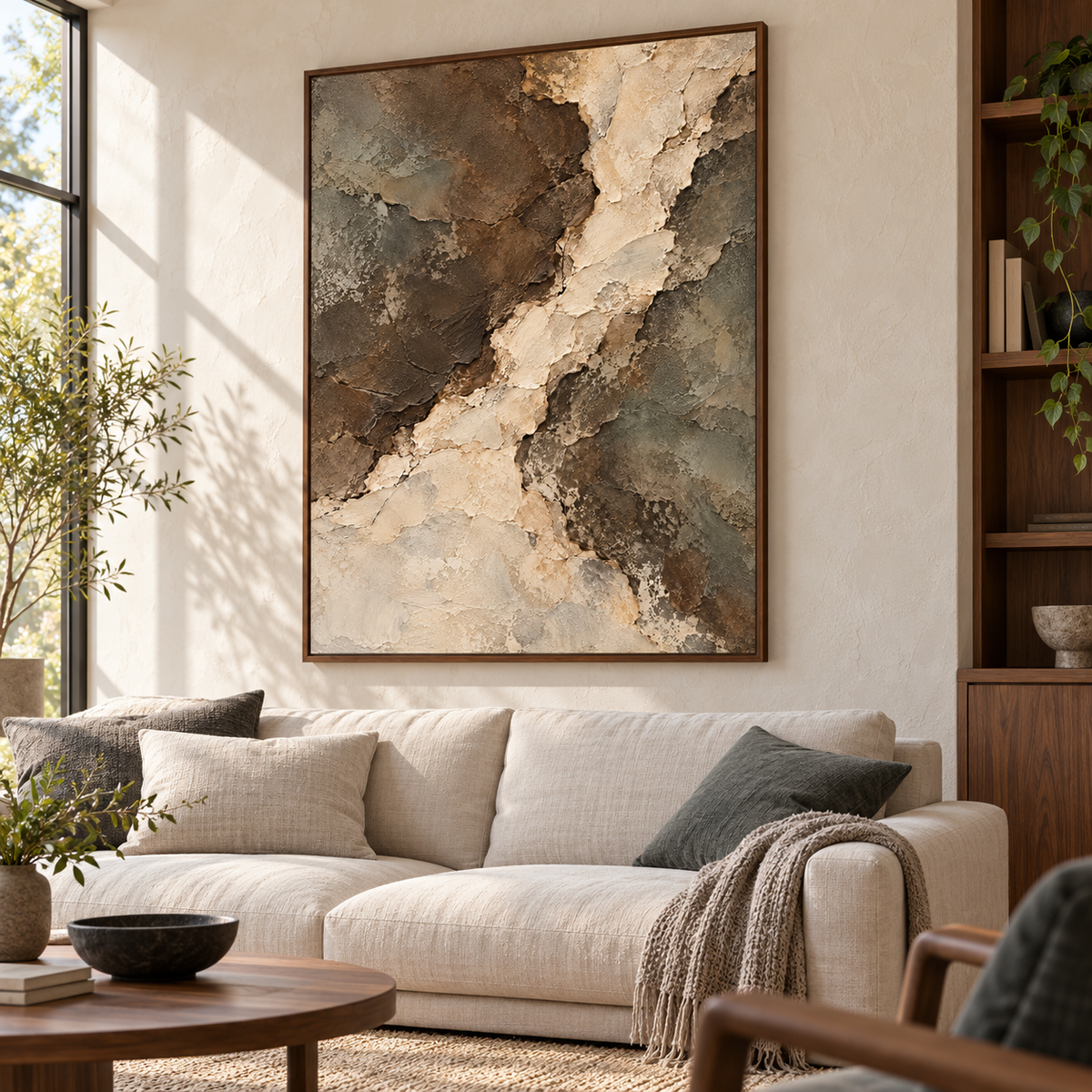 Riven-Passage above a light sofa, viewed from the left at seated eye level in a bright living room with warm white walls and natural wood furniture.