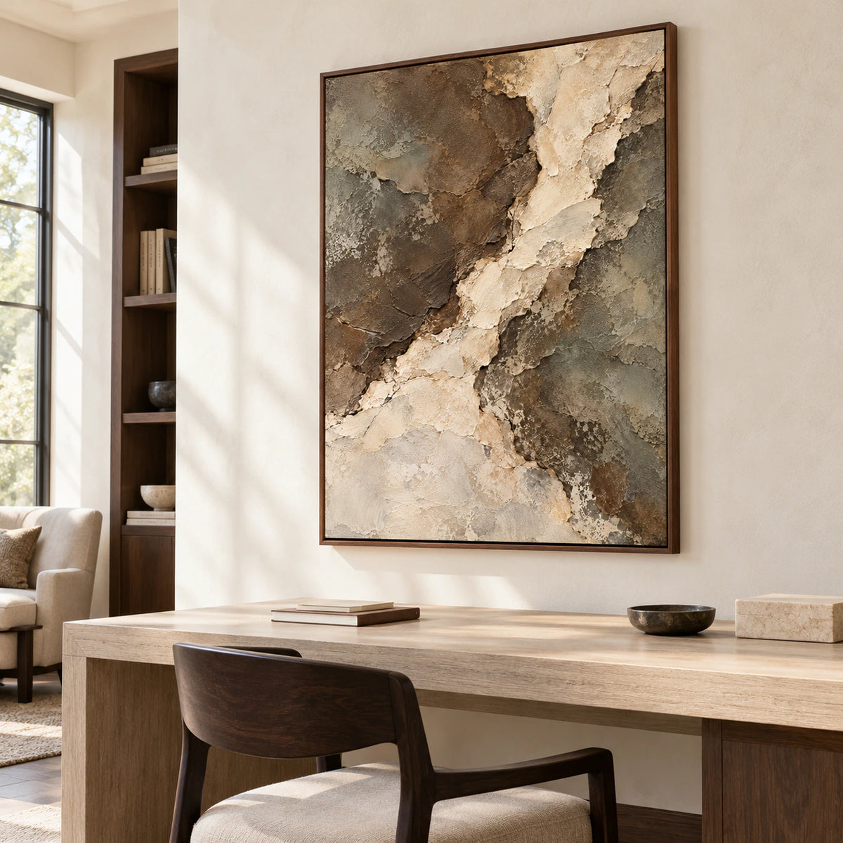 Riven-Passage viewed from the right at desk height in an airy home office with a pale desk, open shelving, a dark chair and a warm white wall.