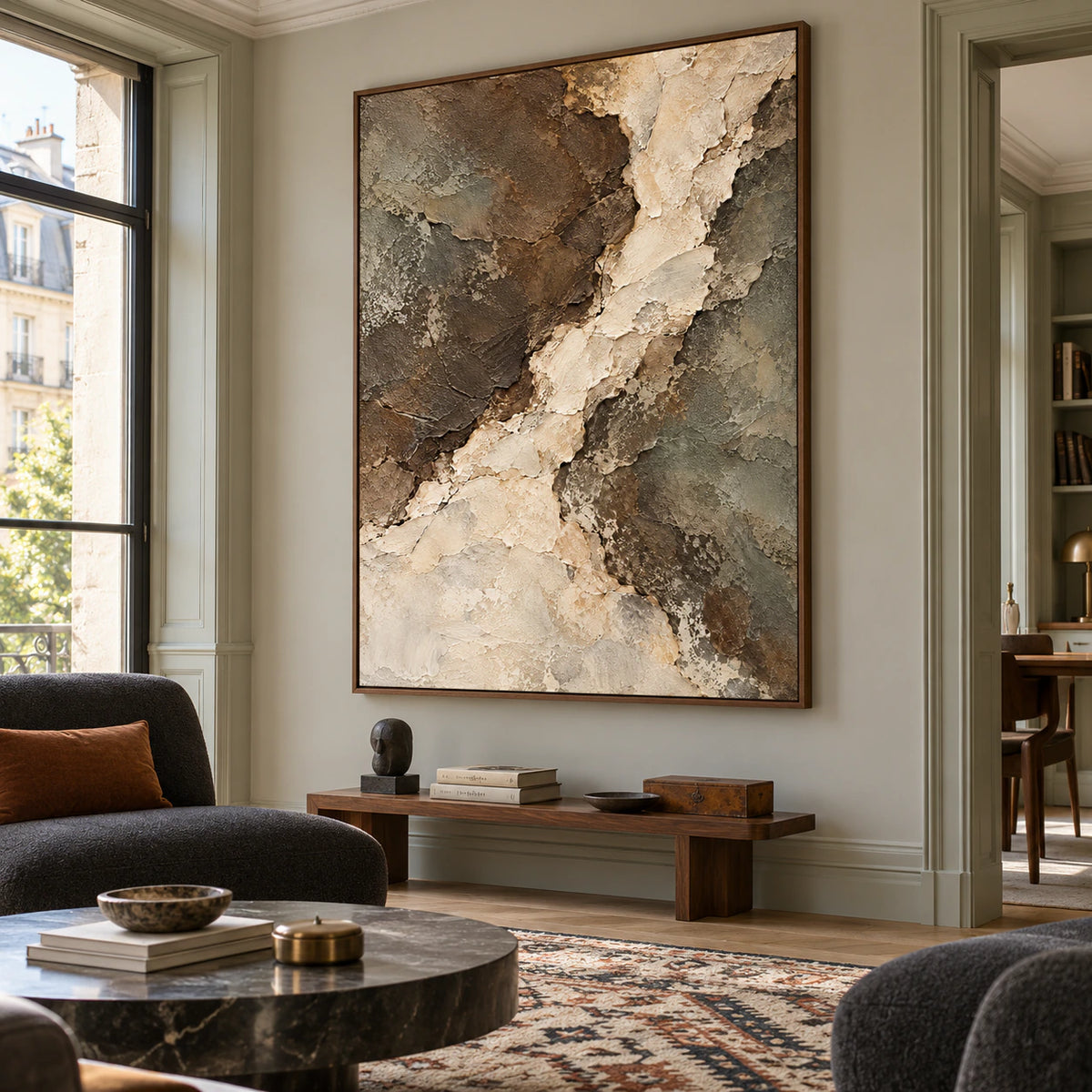 Riven-Passage viewed from the right in a refined sitting room with tall windows, charcoal seating, pale walls and natural wood accents.