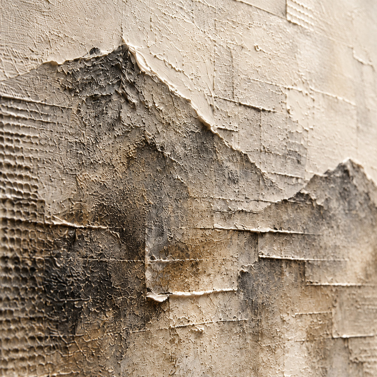 Close detail of Riven-Summit oil painting from an oblique side angle, with grazing light revealing raised strokes, surface texture and tonal transitions.
