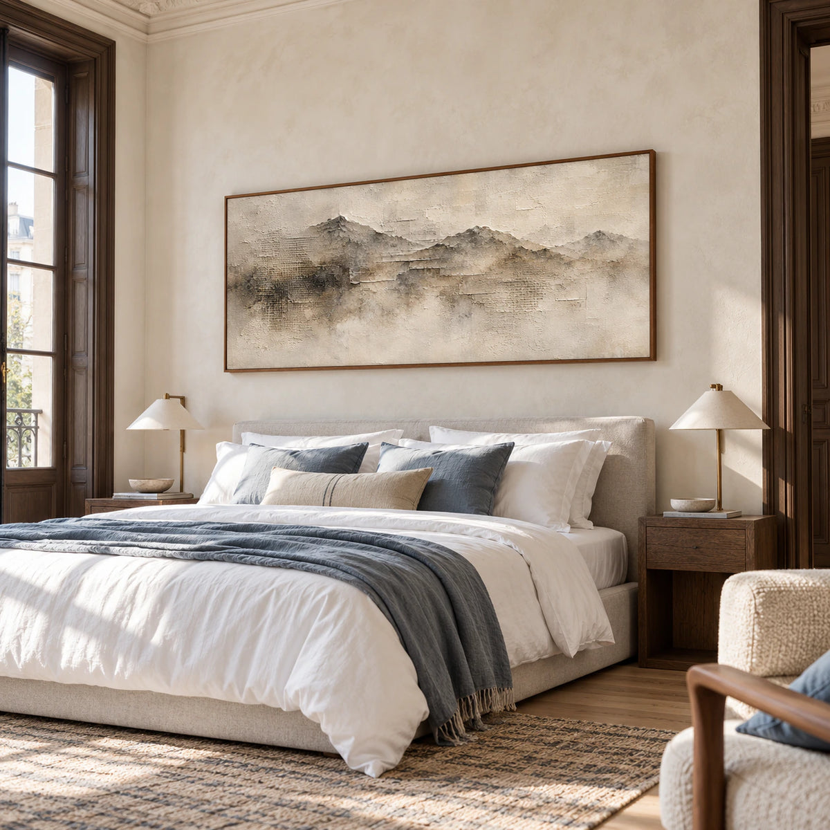 Panoramic ridgeline painting above a low bed with white linens, blue-gray accents and light oak, viewed from a slight right angle in morning daylight.