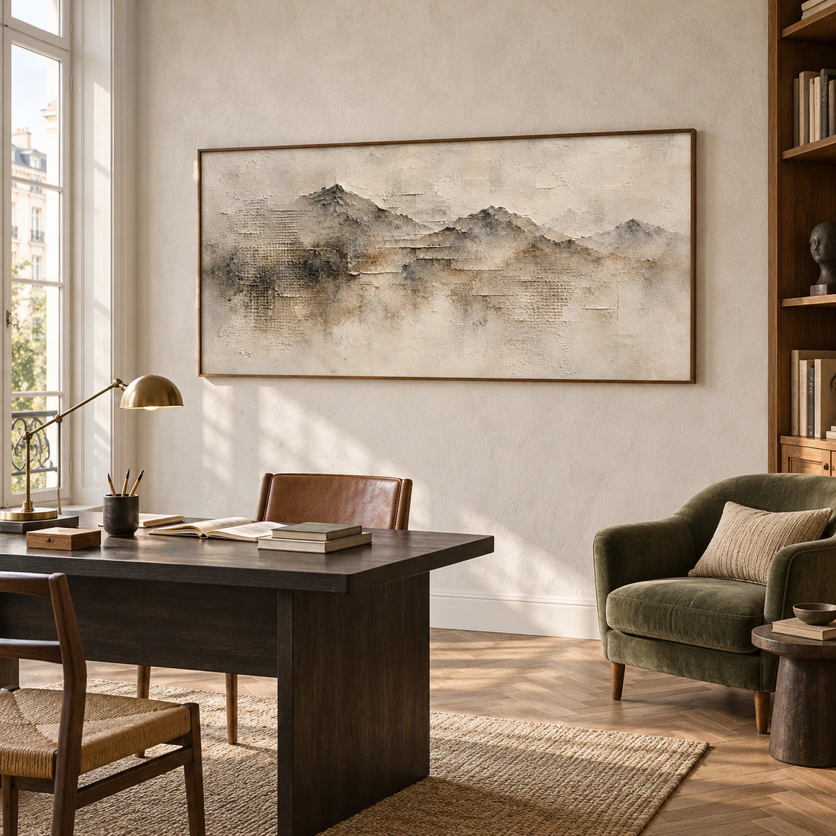 Panoramic ridgeline painting in an airy office with a dark desk, green reading chair, open shelving and broad side window, viewed from an elevated left angle.